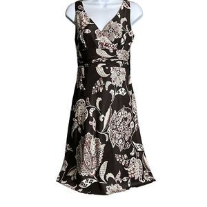 Ann Taylor Women's Sleeveless Cream Floral Faux Wrap Black Silk Dress Size 6P